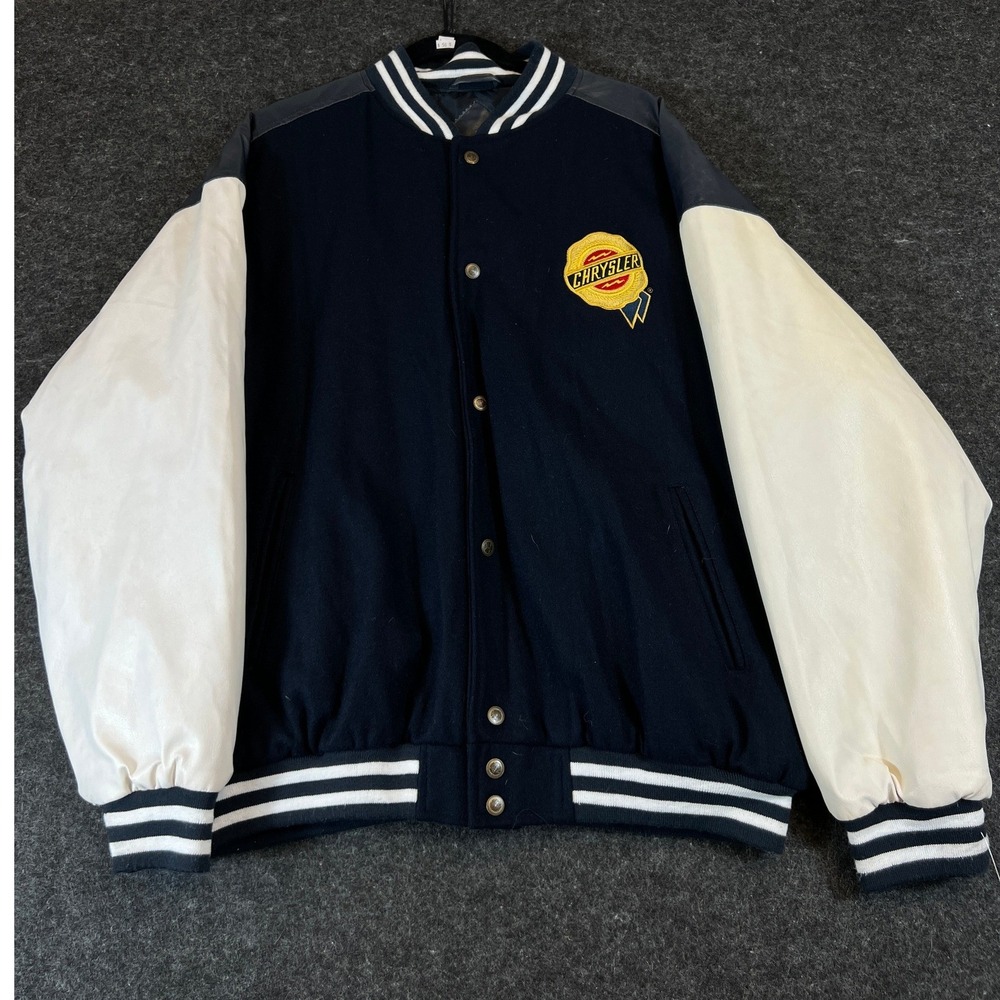 Vintage Y2K Chrysler Varsity Jacket Mens XL Blue Wool Leather Sleeve Embroidered